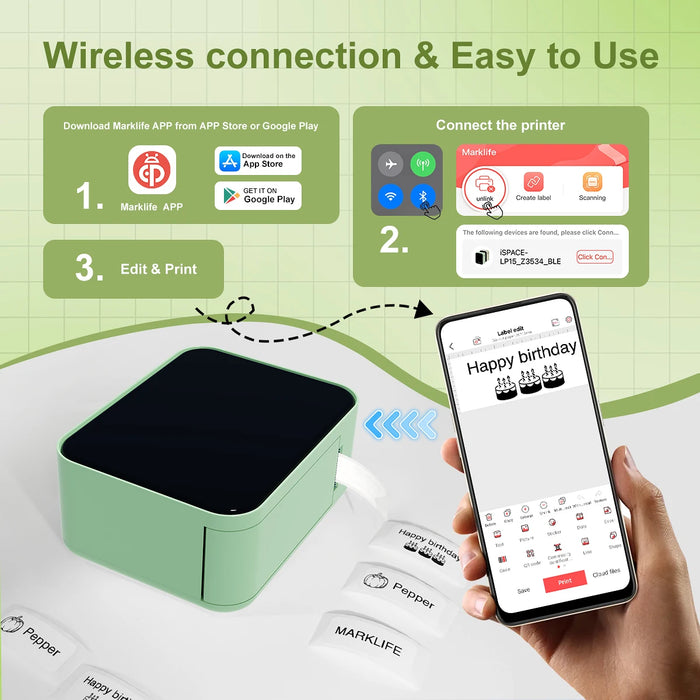 P15 Mini Portable Thermal Label Printer — Bluetooth, Inkless, Type-C Recharge