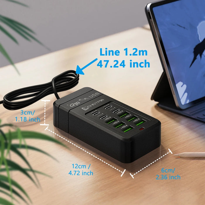 Portable Power Strip with USB‑A & USB‑C — 1.2m Cable, EU/UK/US Plug