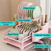 2-Tier Metal Dish Drying Rack with Drainboard — No Assembly, Foldable (Pink)