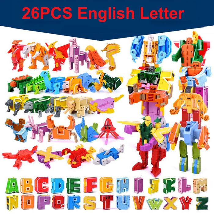 GUDI 26-piece A–Z Transforming Alphabet Robot & Dinosaur Building Block Toys