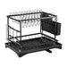 2-Tier Black Carbon Steel Dish Drying Rack with Drip Tray & Utensil Holder