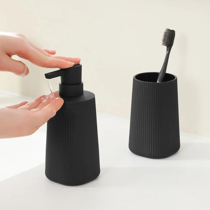 2-Piece Bathroom Set – Soap Dispenser & Toothbrush Holder, Striped Black