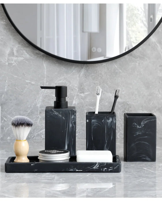 4-Piece Marble-Pattern Resin Bathroom Set — Lotion/Soap Dispenser, Toothbrush Holder, Tumbler & Tray (Black or White)