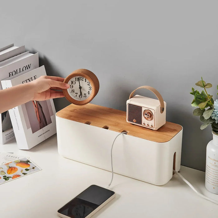 Cable Management Box with Bamboo Cover — Hide Power Strips & Desk Wires