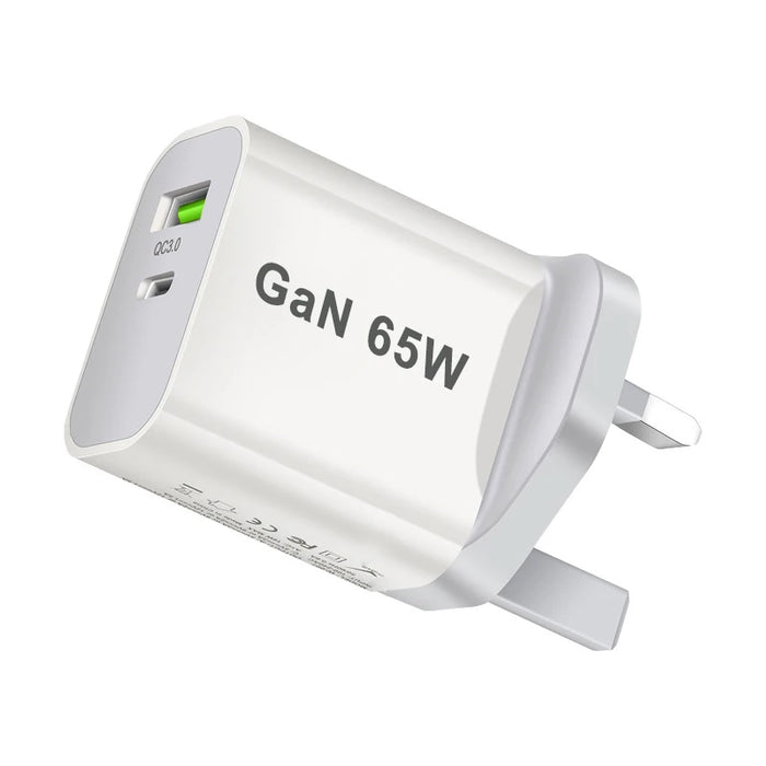 65W GaN USB‑C PD 3.0 2‑Port Wall Charger — USB‑A + USB‑C, White (UK/EU/US/AU plugs)