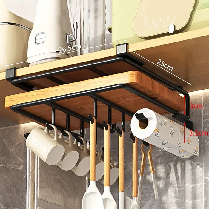 Under‑Cupboard Hanging Kitchen Rack with Hooks for Cutting Boards, Paper Towels & Lids