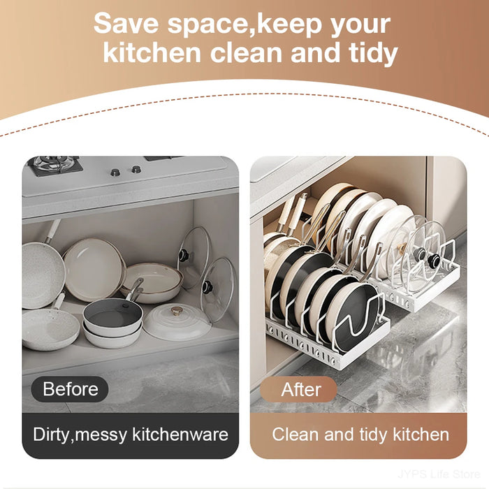Pull-Out Pots & Pans Organiser — Sliding Lid Holder & 8-Compartment Kitchen Rack (White/Black)