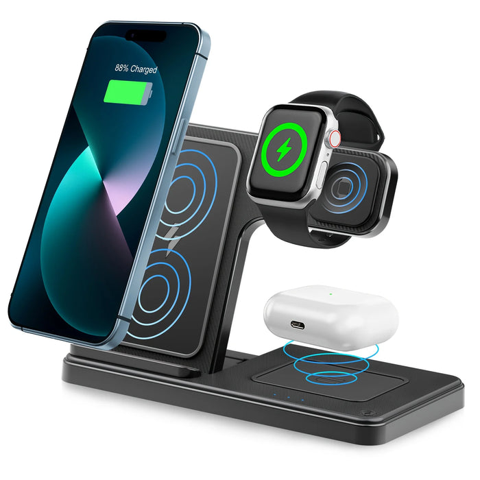 3-in-1 Magnetic Wireless Charger Stand — 15W Fast Charging Dock for iPhone 15/14/13, Apple Watch & AirPods