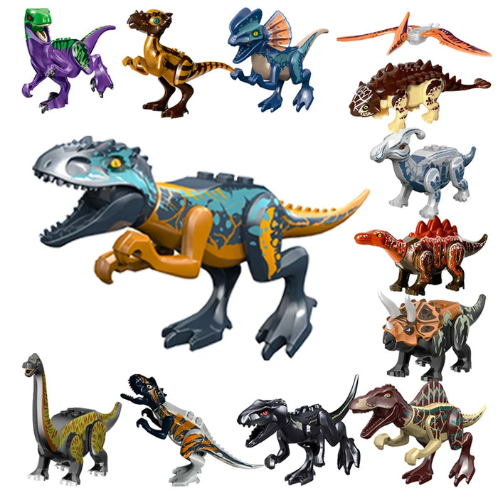 Jurassic Dinosaur Building Blocks - Velociraptor, Triceratops, Indominus & T‑Rex Models