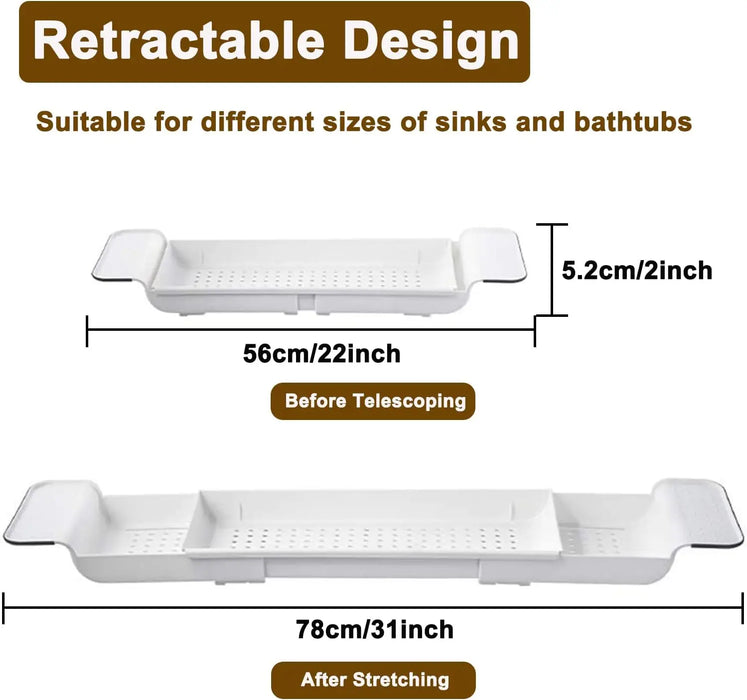 Expandable Drain Bath Shelf Caddy Tray — Plastic Bathtub Organiser (White/Black)