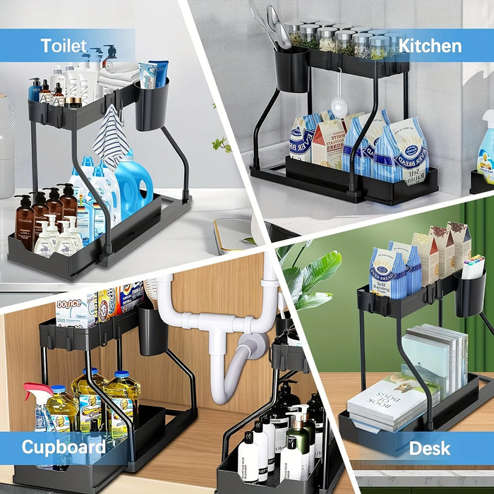 2-Tier Pull-Out Drawer Organiser — Foldable Plastic Storage for Kitchen & Bathroom