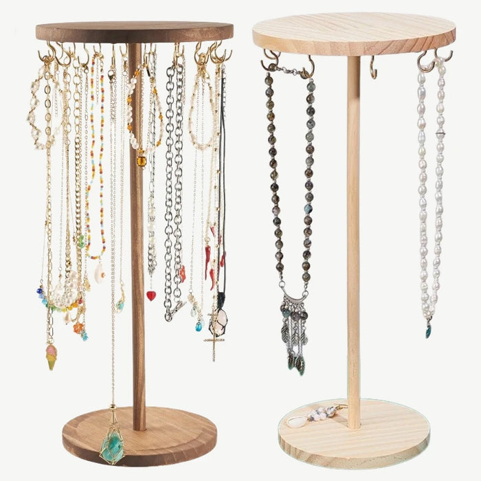 Wooden Jewellery Organiser Tower — 12 or 18 Golden Hooks, Round Base