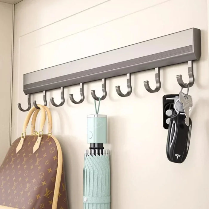 Drill-Free Wall-Mounted Aluminium Hook Rack — 6/8/10 Hook Options