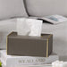 White Rectangular Leather Tissue Box Cover with Gold-Tone Edging — Small 16×11.5×8cm