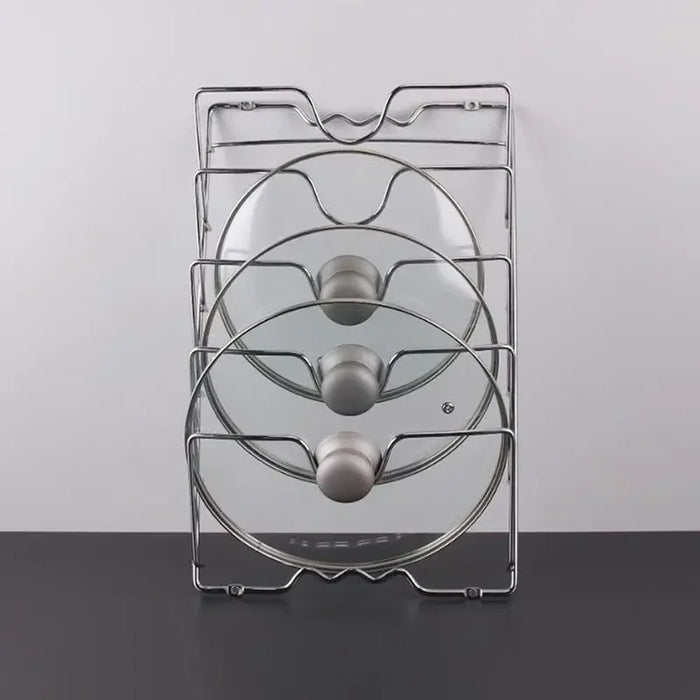 Five-Layer Wall-Mounted Pot Lid Rack — Iron Wire, Rust-Free, Silver