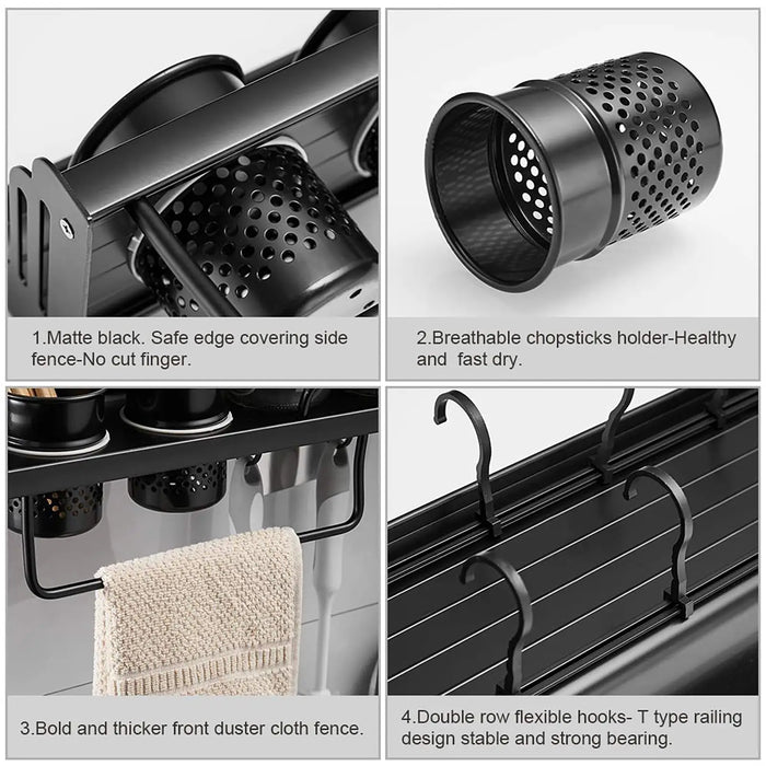 40cm Wall-Mounted Hanging Spice & Pot Rack — Black Metal Kitchen Shelf with Hooks