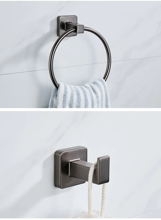 Gun Grey Bathroom Hardware Set — Towel Bar, Paper Holder, Ring & Hook