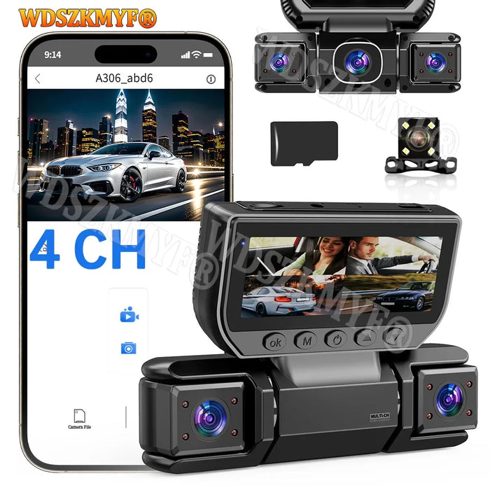 4‑Channel 1080p Wi‑Fi Dash Cam — Front, Rear, Left & Right with 24‑Hour Parking Monitor