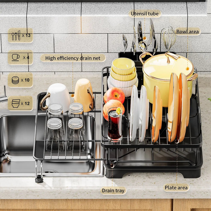 Extendable Over‑Sink Dish Drying Rack – Carbon Steel, Large Capacity