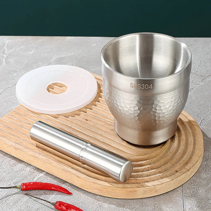 Stainless Steel Garlic Crusher with Covered Bowl — Manual Grinder for Garlic, Herbs & Spices