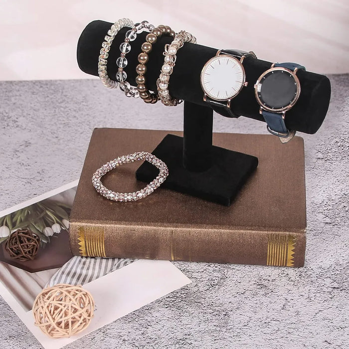 Velvet T-Bar Jewellery & Watch Display Stand — Desktop Bracelet Holder (Black/Grey)
