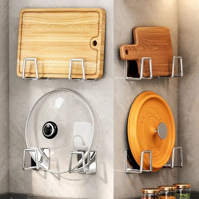 Stainless Steel Non-Perforated Kitchen Rack — Wall-Mounted Pot Lid & Cutting Board Holder
