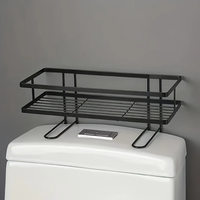 Non-Perforated Single-Tier Bathroom Storage Rack — Compact Toilet Shelf (White/Black)