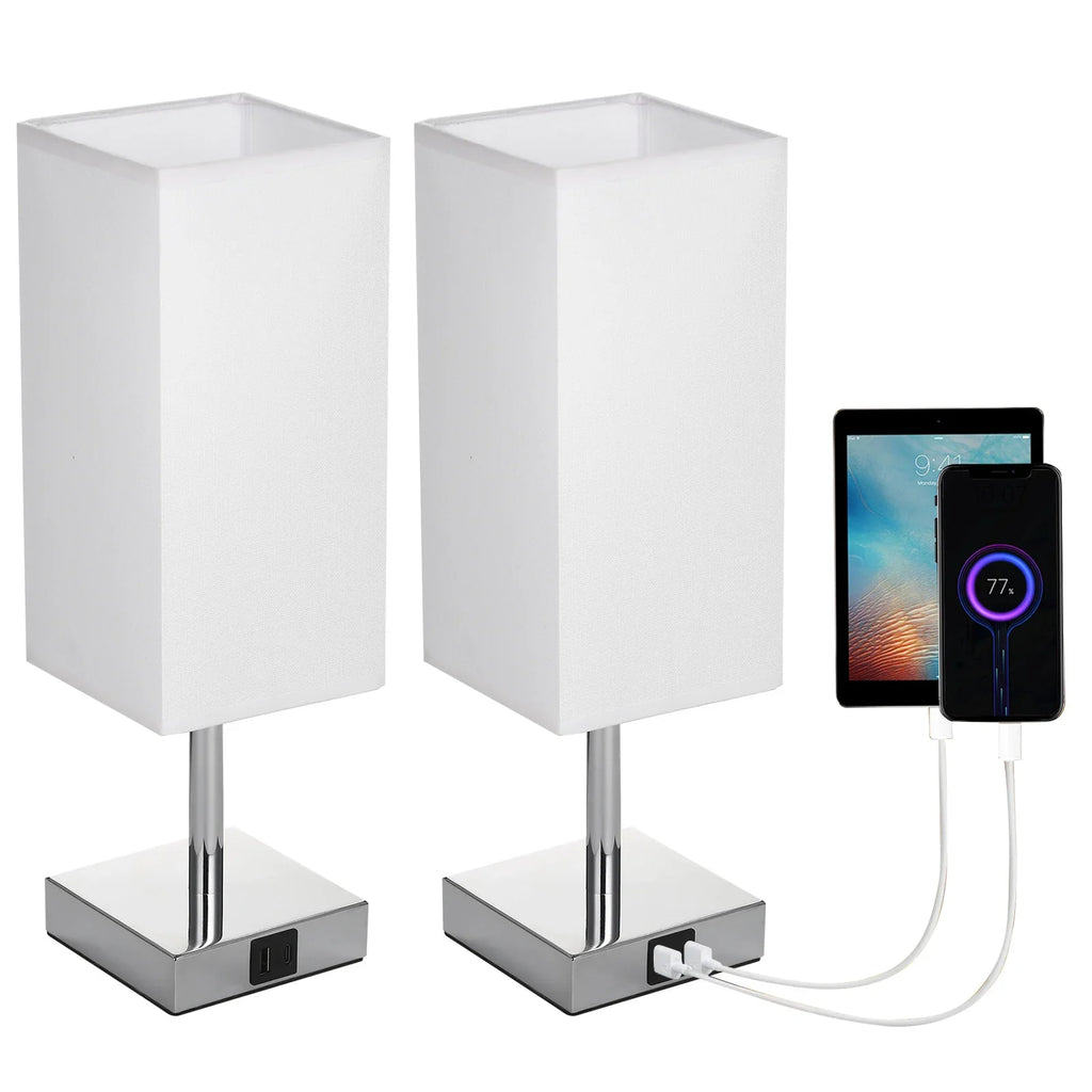 Bordlampe med stoffskjerm - Varmhvit LED-pære, berøringskontroll, skrivebordslampe, USB A- og Type-C-ladeporter - Ideell for nattbord, arbeidsbord og studieområder