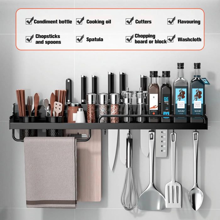 40cm Wall-Mounted Hanging Spice & Pot Rack — Black Metal Kitchen Shelf with Hooks