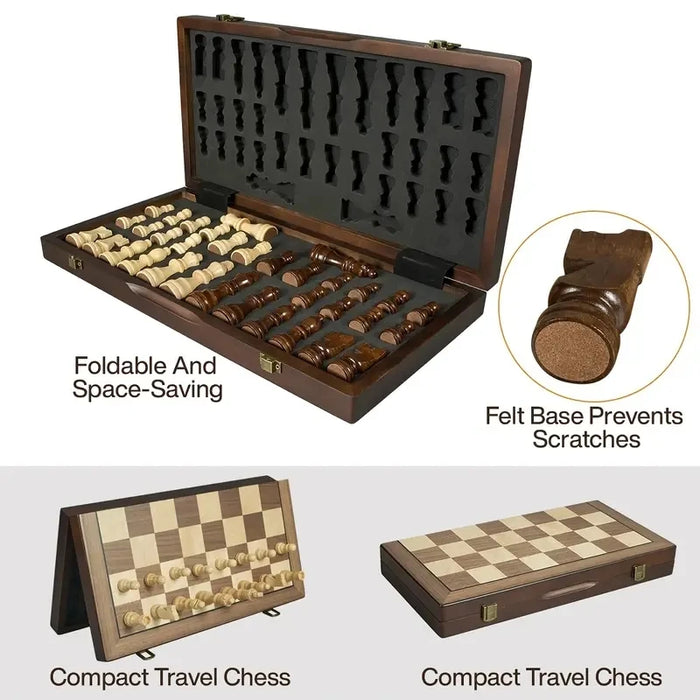 39.3cm (15.47in) Folding Wooden Chess Set with 2 Extra Queens — Portable Tournament Board