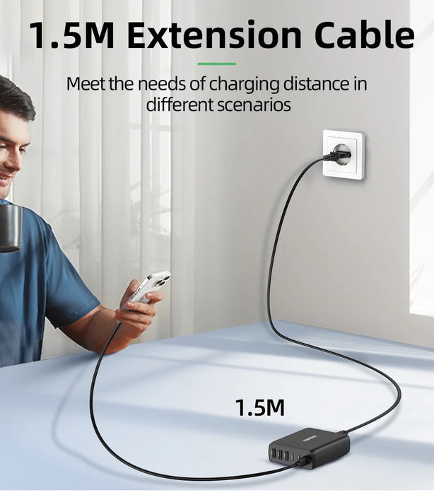 100W GaN 6‑Port Desktop Charger — 3×USB‑C (PD) + 3×USB‑A, 1.5m Cable
