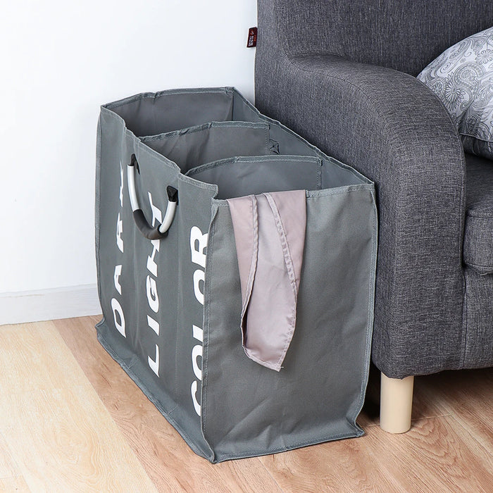 Foldable 3‑Section Laundry Hamper — Large Oxford Cloth with Aluminium Handle