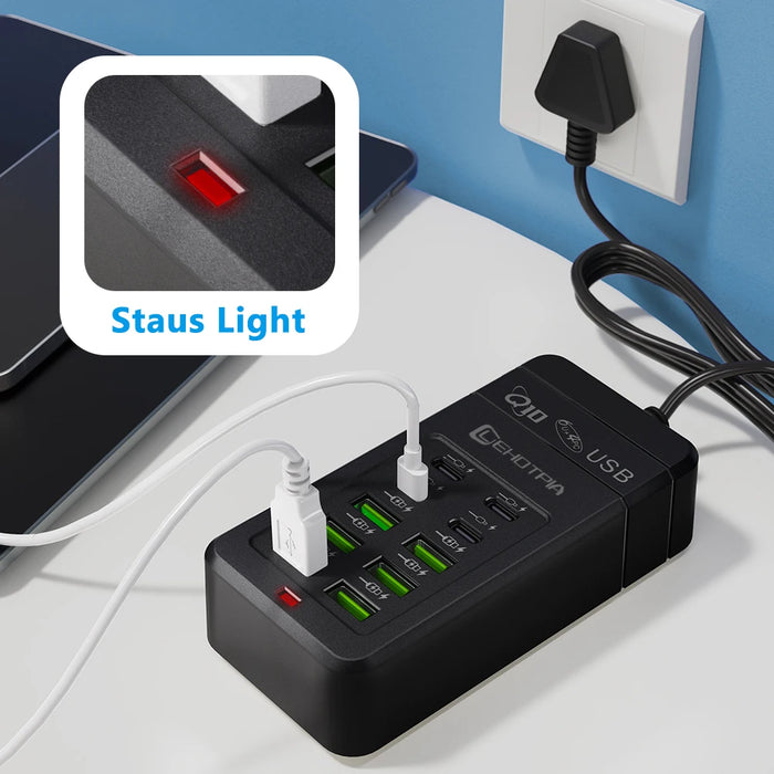 Portable Power Strip with USB‑A & USB‑C — 1.2m Cable, EU/UK/US Plug