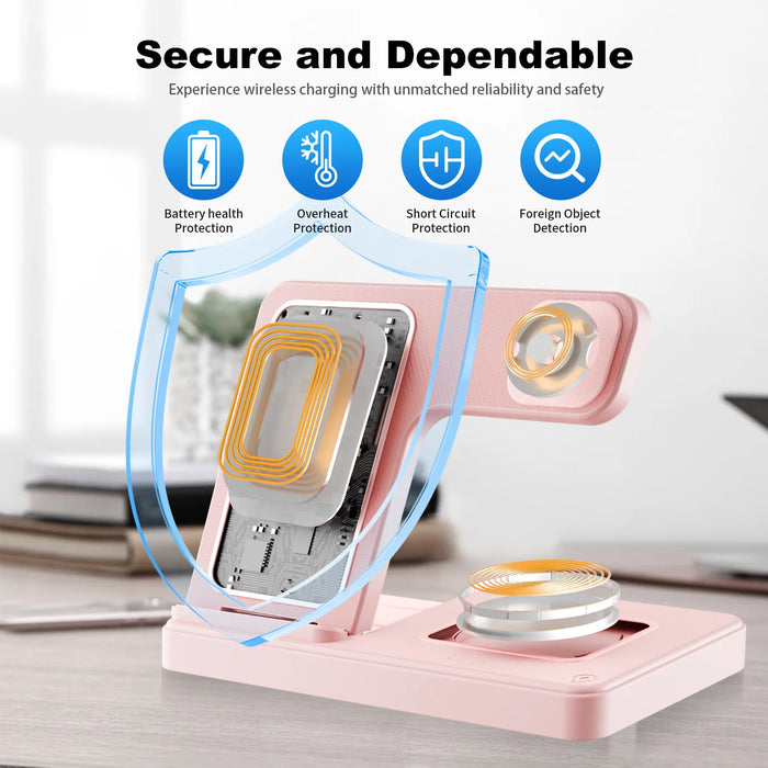 3-in-1 Magnetic Wireless Charger Stand — 15W Fast Charging Dock for iPhone 15/14/13, Apple Watch & AirPods