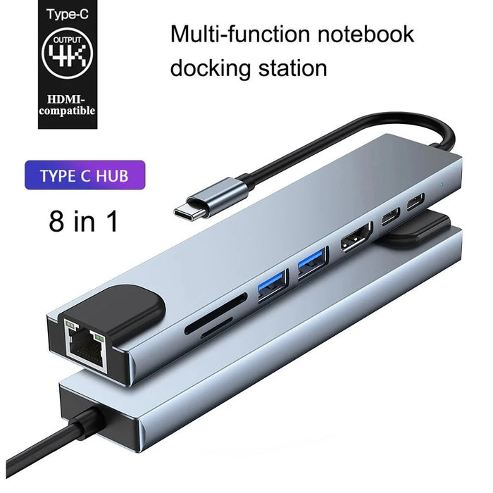 USB-C 8-in-1 Hub — HDMI 4K 30Hz, 100W PD, RJ45 100Mbps, SD/TF & USB 3.0
