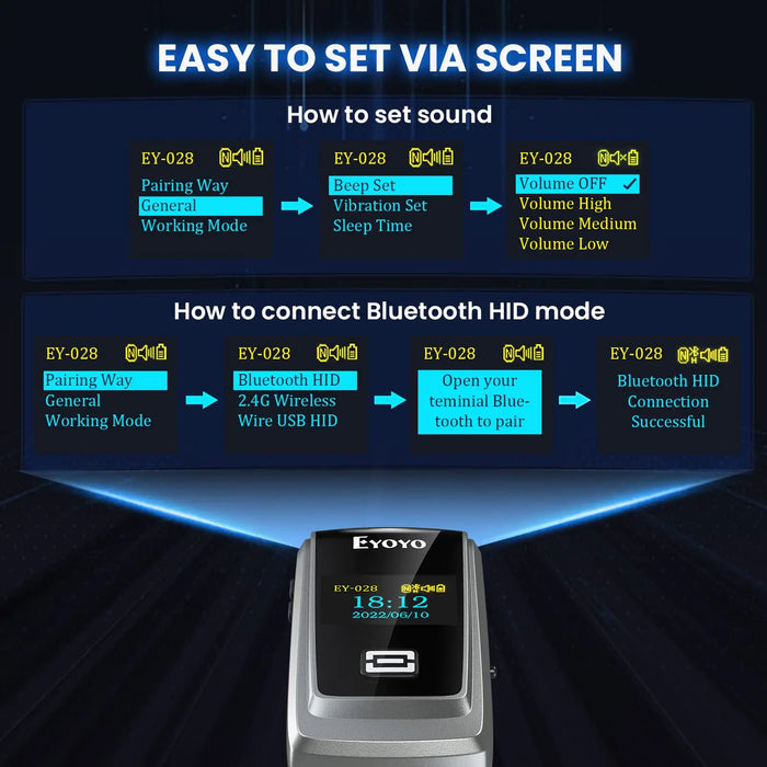 EY-028P QR Code Scanner with 1" Colour LCD — Portable Bluetooth 1D/2D Barcode Reader (iPhone, iPad, Android, PC, POS)