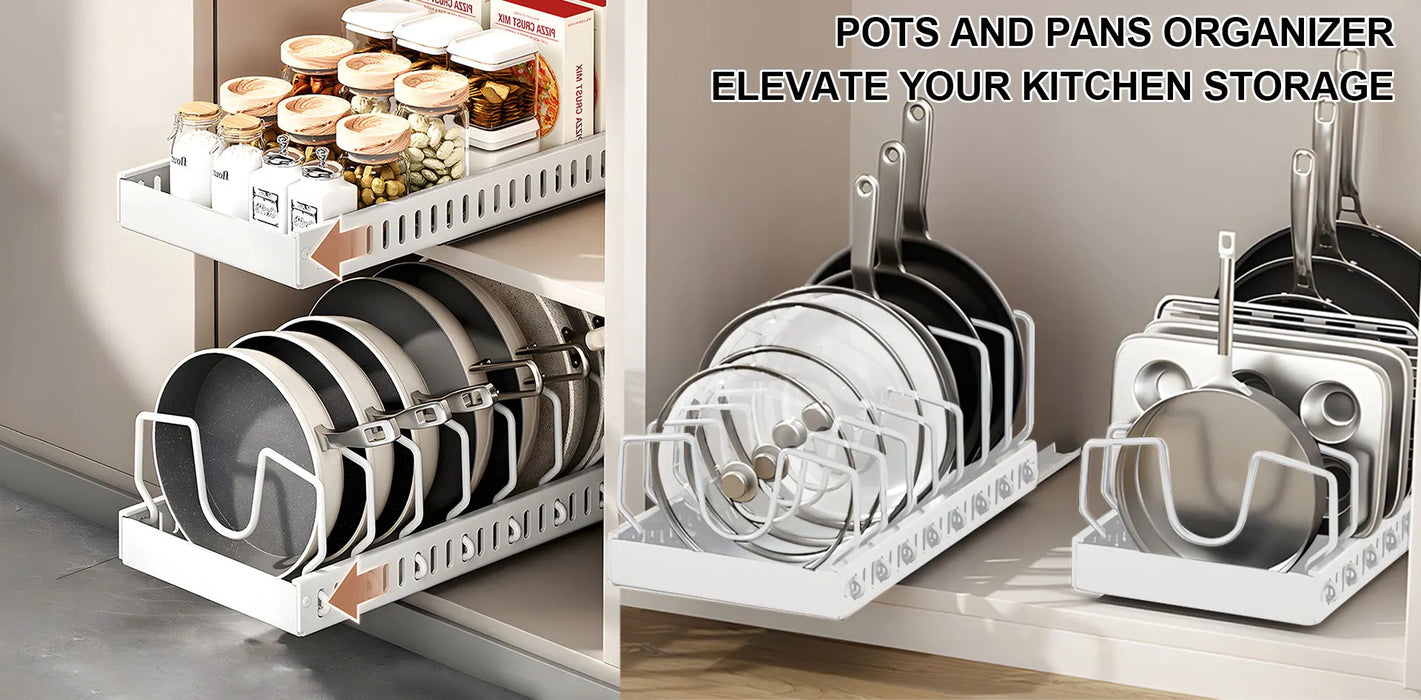Pull-Out Pots & Pans Organiser — Sliding Lid Holder & 8-Compartment Kitchen Rack (White/Black)