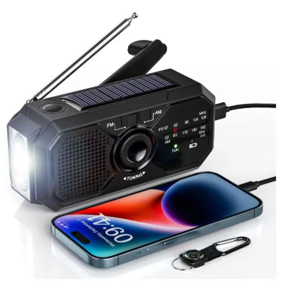 Portable Solar Emergency AM/FM Radio with Hand Crank, USB-C Charger and Torch