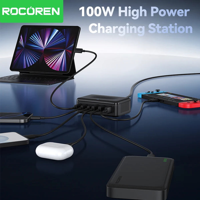 100W GaN 6-Port USB Charger — 3x USB-C & 3x USB-A (UK plug option)