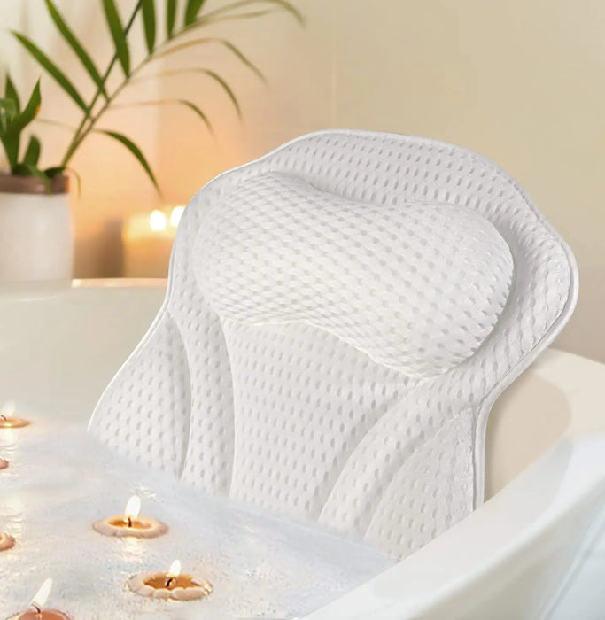 Bath Pillow for Neck & Back Support with Strong Suction Cups — Soft Spa Cushion (White)