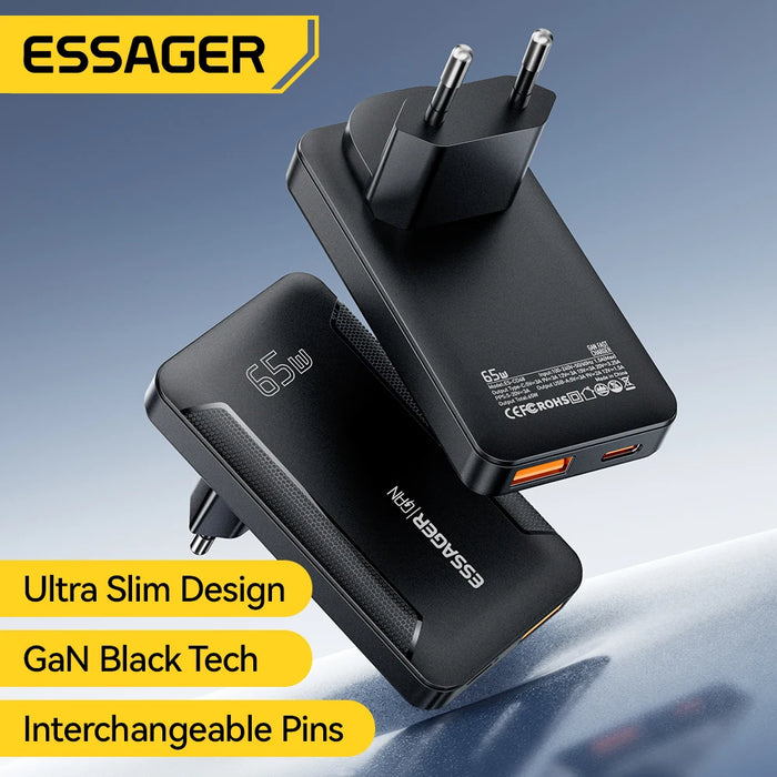 Essager Ultra-Thin 65W GaN Pro Travel Charger — PD3.0 & QC4.0, USB‑C/USB‑A