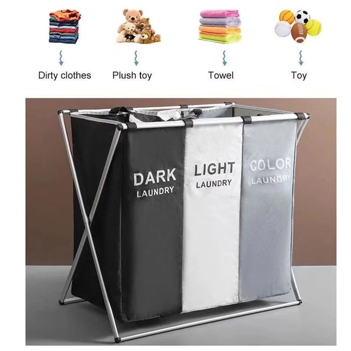 Foldable Laundry Basket with Aluminium Frame & 600D Oxford Fabric — 3‑Grid Large Capacity