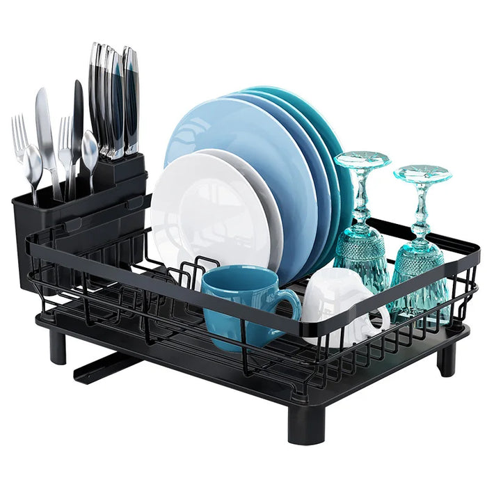 Countertop Dish Drainer with Drainboard & Utensil Organiser — Wrought Iron, Single-Layer (White/Black)