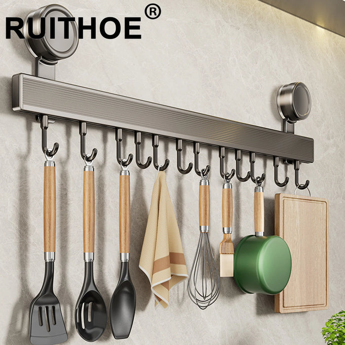 No-Punching Kitchen Rail with Hooks — Space Aluminium, Electroplated (30/40/50cm)