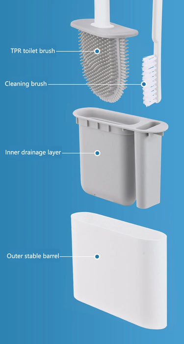 Wall-mounted Silicone Toilet Brush & Holder — Long Non-slip Handle, Ventilated Case, No-drill Fit