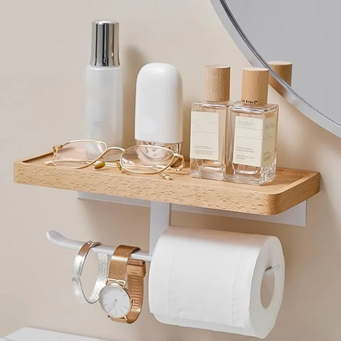 Stainless Steel Toilet & Tissue Roll Holder with Phone Shelf — I/H Style, Black or White