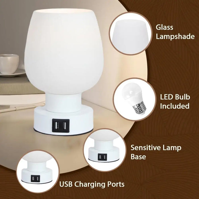 Modern érintésvezérléses LED asztali lámpa - állítható fényerő, villódzásmentes, fehér üveg búra éjjeli fény - tökéletes könnyű éjjeli megvilágításhoz az ágy mellett