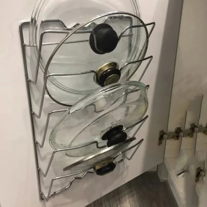 Five-Layer Wall-Mounted Pot Lid Rack — Iron Wire, Rust-Free, Silver