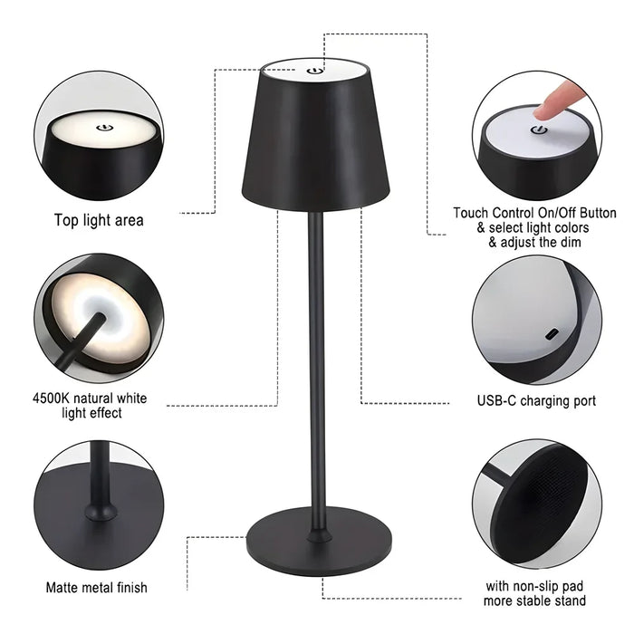 Candeeiro de Mesa Recarrregável LED - Interruptor Tátil, 3 Modos de Cor, Função Regulável - Ideal para Quarto, Sala de Estar, Bar e Iluminação Decorativa para Jantar