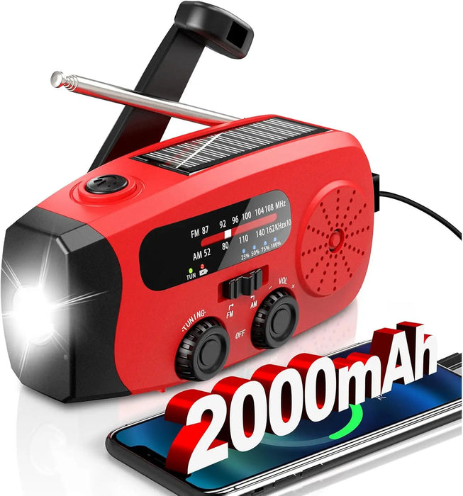 2000mAh Rechargeable Hand‑Crank Emergency Radio with LED SOS and USB Charger